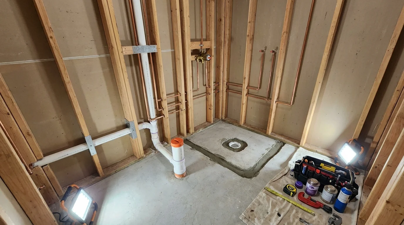 Bathroom rough-in plumbing during remodel by Johns Plumbing LLC in Hartley
