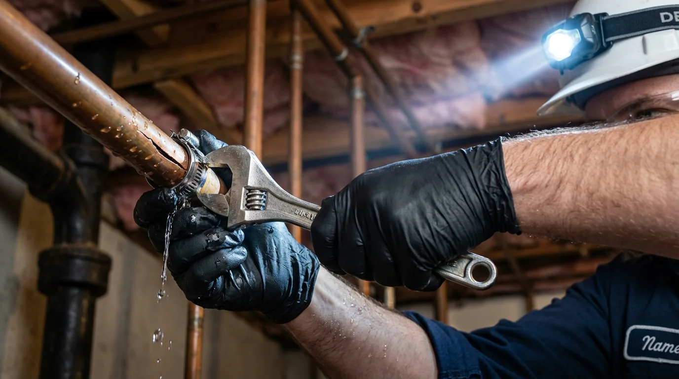 Emergency pipe clamp repair being performed by a Johns Plumbing LLC plumber in Hartley
