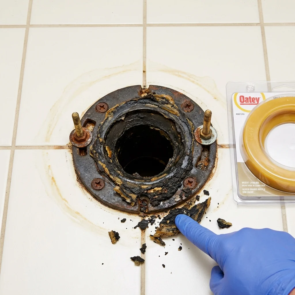 Failed wax ring showing water seepage at the base of a toilet in a Hartley, IA home