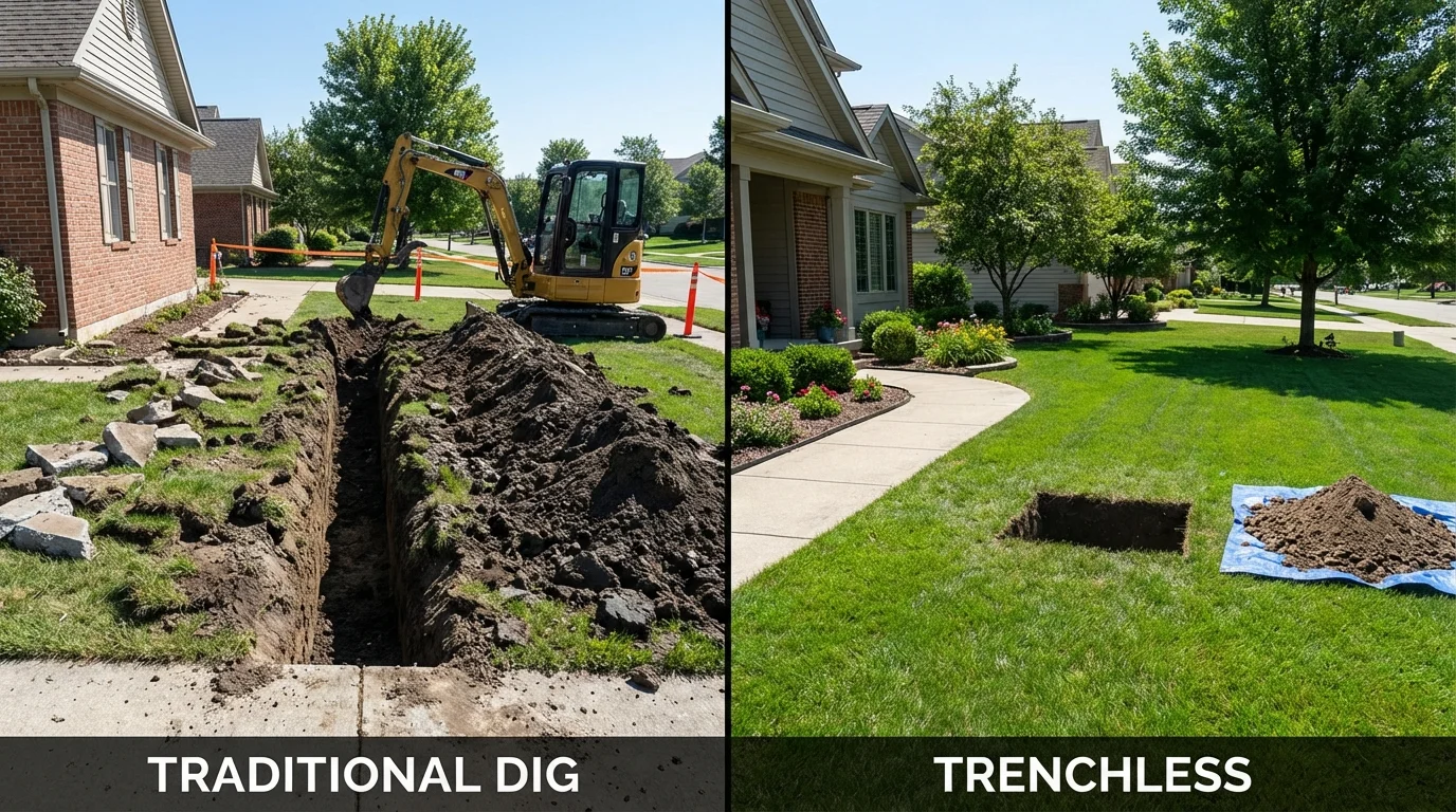 Trenchless sewer repair with minimal yard damage versus traditional excavation in Hartley, IA