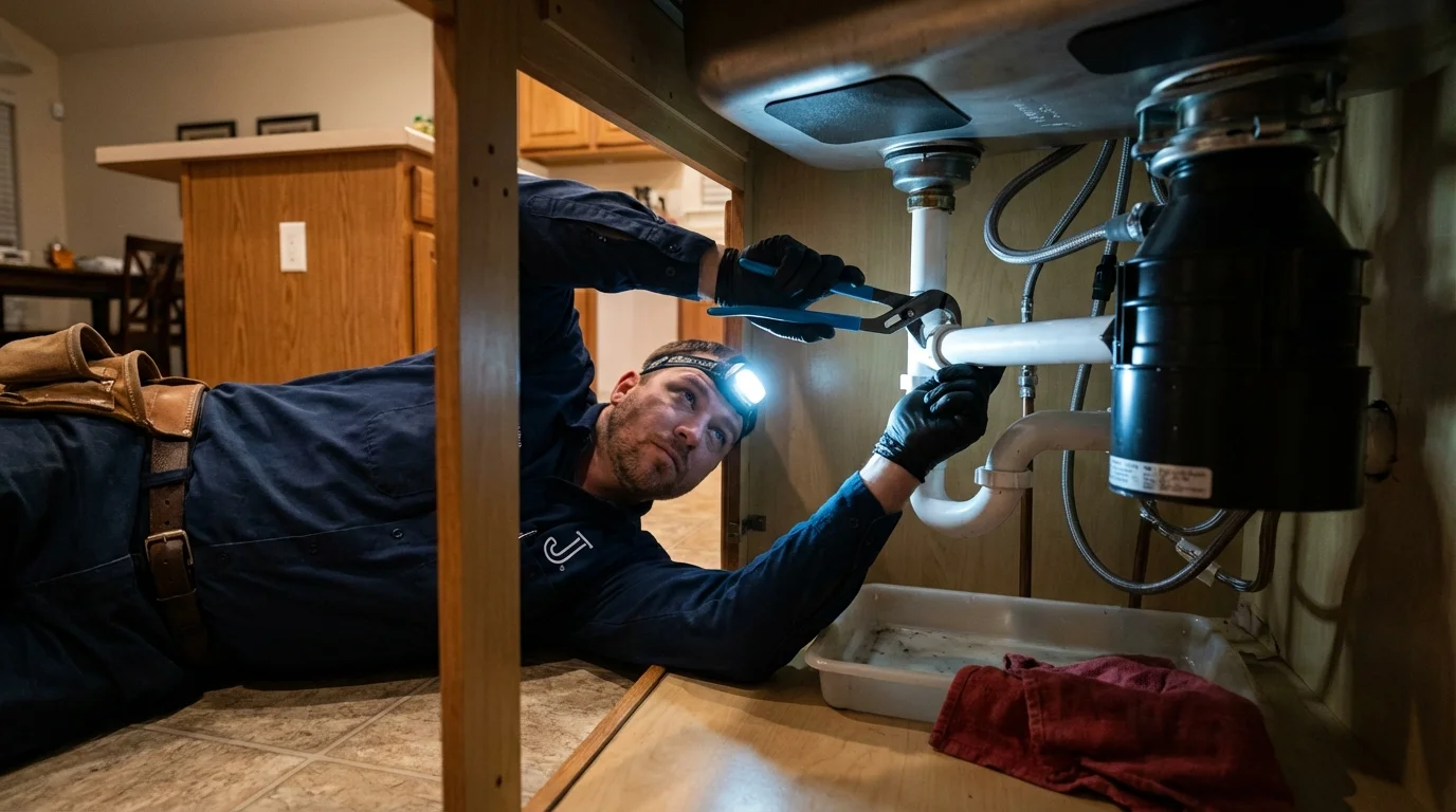 P-trap and supply line connections under a kitchen sink showing a common leak point in Hartley, IA